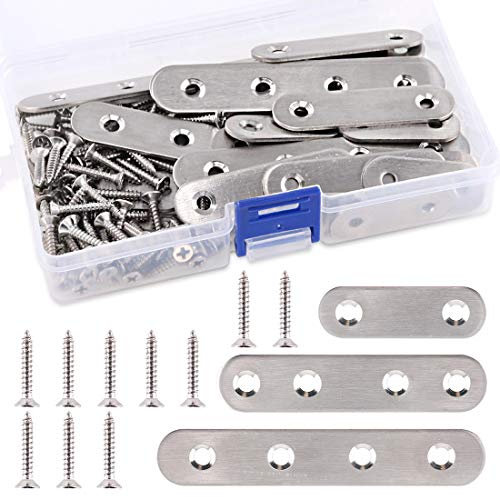 Swpeet 115 piezas de placa de unión de metal y tornillos, 37 x 16 mm, plano y recto, 5080100, acero inoxidable, color plateado