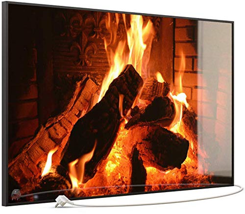 STEINFELD Heizsysteme® Glas Bild Infrarotheizung | Kaminfeuer | mit Thermostat viele Motive 350-1200 Watt Rahmen schwarz (900 Watt, 032 Kamin)