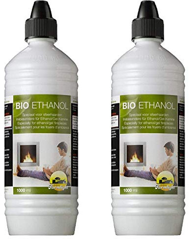 2 litres de bioéthanol haute performance en bouteilles de 1 litre.