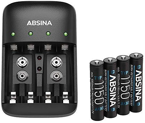 ABSINA Akku Ladegerät Set NiMH Ladegerät 4-Fach für wiederaufladbare Micro AAA, Mignon AA & 9V Block Akkus - Batterieladegerät Akku Ladegerät X4 + 4er Pack AAA 1150 Akkus