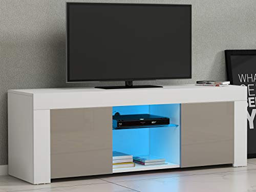 Panana LED TV Stand Unit for Living Room, High Gloss Entire Front, 120cm, TV Table Bench Cabinet Cupboard (White+Grey)