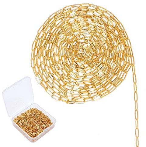 SUNNYCLUE 32Feet/10m Brass Gold Paperclip Chains Link Spool Bulk Necklace Width 2.6mm for Women Jewelry Necklace Bracelet Pendant Making,Golden