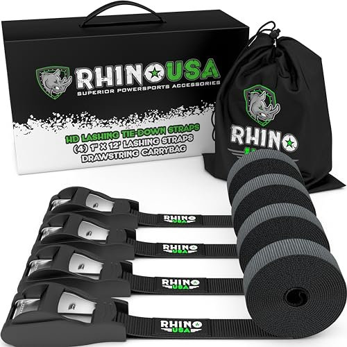 Rhino USA Sangles d'Arrimage (4) - Résistance Maximale à la Rupture de 500kg, Comprend (4) Sangles de Traction de 2.5cm x 3.6m, Sangles de Fixation pour Chargement, Kayak, Porte-Bagages de Toit