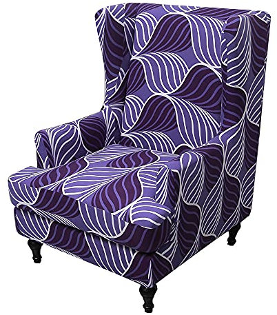 Highdi 2-Teilig Ohrensessel Bezug, Stretch Sesselüberwürfe mit Elegante Blätter Druck Elastisch Sesselhusse Husse für Ohrensessel Relaxsessel Fernsehsessel mit Armlehne (Violett)