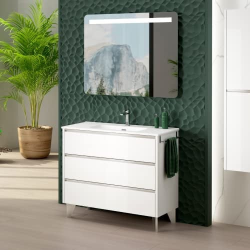 Mueble de Baño Siena a Suelo + Lavabo Cerámico | Mueble Baño con Patas de Fondo Reducido y 3 Cajones (70x40cm, Blanco Brillo)