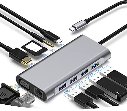 BORLTER CLAMP USB C Hub, 11-in-1 USB C Docking Station Multiport Adapter 4K HDMI, VGA, 100W PD, 4 USB Ports, 3.5mm Audio Port MacBook, XPS, More, gray, 12 x 5.5 x 1.6 cm (TGX USB C Hubs 11 in 1)