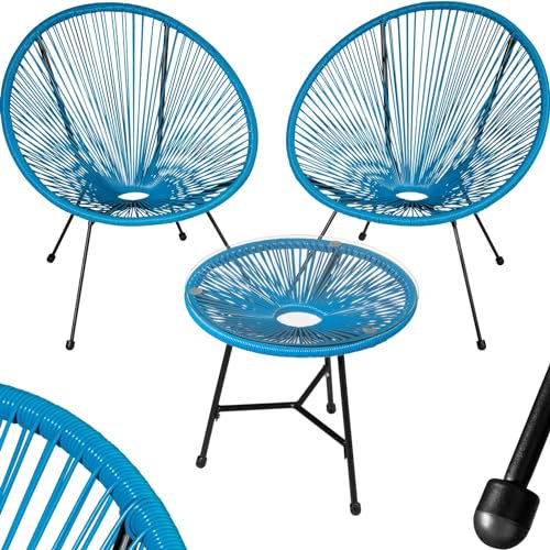 tectake® Set 2X Stuhl 1x Beistelltisch Acapulco, Gartenstuhl, Gartenstühle im Retro Design, Indoor und Outdoor Sessel für Garten, Wintergarten, als Terrassenstühle oder Balkon Sessel - blau