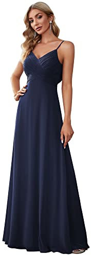 Ever-Pretty Robe de Soirée Femme Longue A Line Col V à Bretelles Mousseline de Soie Sexy Bleu Marine 38