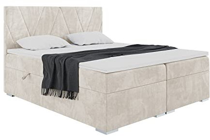 MEBLINI Boxspringbett mit Bettkasten - Gepolstert Doppelbett mit Matratze und Topper - Polsterbett mit Stauraum - Bett mit Kopfteil - Stauraumbett - Lara - 180x200 - H4/Creme Samt