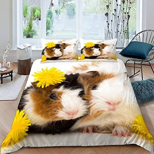 SUBIKA Bettwäsche 135x200 Meerschweinchen Bettwäsche Set Kinder Schlafzimmer Dekor Bunte 3 Teilig 3D Bettbezüge Mikrofaser Haustier Süß Natur Bettbezug Reißverschluss und 2 Kissenbezug 80x80