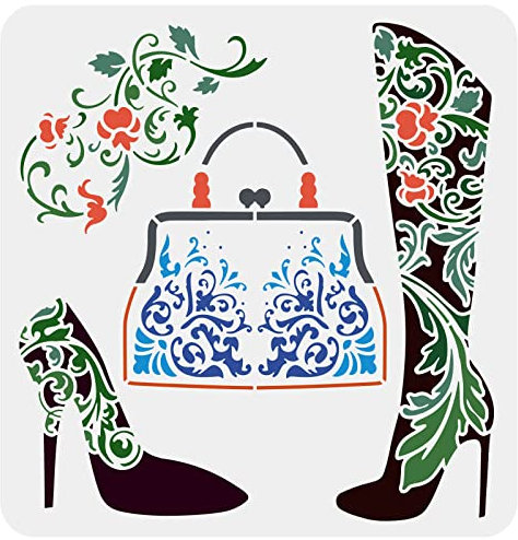 FINGERINSPIRE Blume High Heel Schablone für Malerei 30x30cm Kunststoff PET Vintage Tasche Handwerk Schablonen große Frauen Boot High Heel Zeichnung Vorlage Ranken Blumen Schablonen für Wand Boden