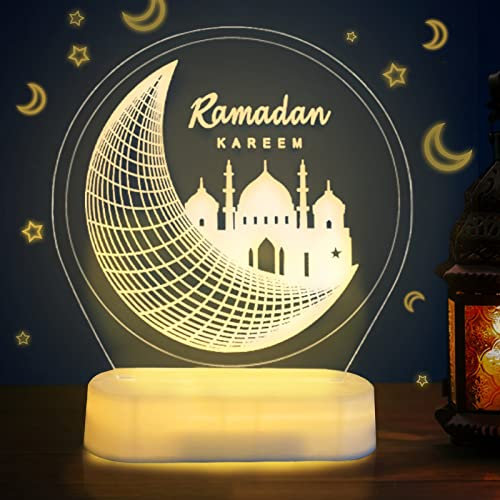 Ramadan Lichterkette LED Lampe Eid Mubarak Dekoration Muslim Tischlampe Ramazan Nachtlicht Mond Sterne Lichter Islamische Nachtlicht für Wohnzimmer Islam Muslim Festliche Partys Innen Deco(Mond)