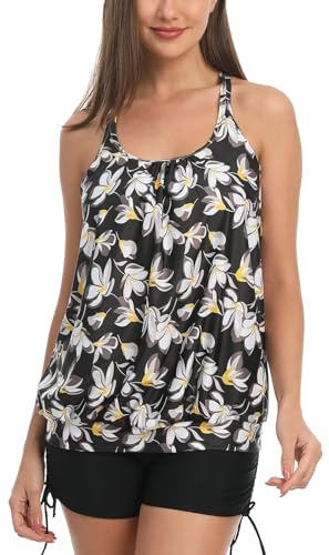 IHCEMIH Swimming Costume Women Tankinis Sets Push up Tummy Control High Waisted Modest Swimwear Bathing Suit Beach Wear Swimsuits Women's Two Pieces Floral Blouson Tankini with Shorts for Ladies L