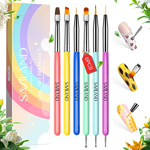 Saviland Lot de Pinceau Nail Art: 6 PCS Pinceaux Fin Liner/Dotting/Plat/Rond/Acrylique French, Outil À Ongles pour Décoration, Gel Construction Vernis à Ongles en Acrylique UV Gel 3D