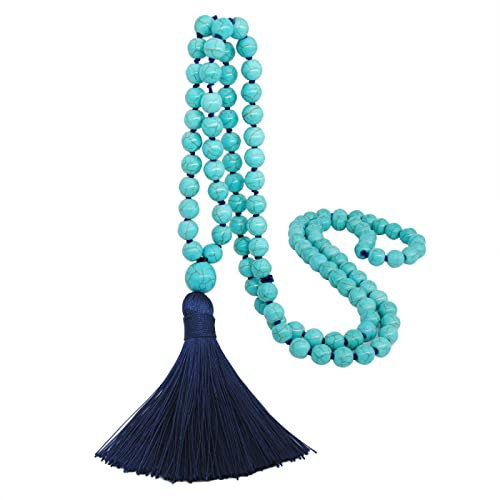 Bysonglezai Halskette Pulloverkette Damen Langkettige Frauen Necklace Mode Natürliche Türkise Perlen Geknotet Lange Quaste Halskette Blauer Stein Aussage Halskette Pullover Kette Frauen Boho Sc