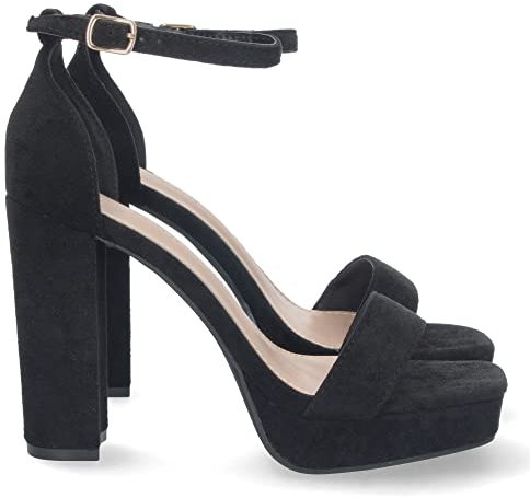 shoes&blues.es 71613 Sandalia de Tacon para Mujer, Comoda, con Pala Simple, Estilo Ankle Strap, y Cierre de Hebilla, Primavera Verano 2023 Negro Talla 35