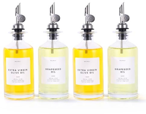 Molimoli Modern Kitchen Olive Oil Dispenser Bottle Set, 4 x 350ml Glass Bottles with Silver Weighted Pourer, Labels Included