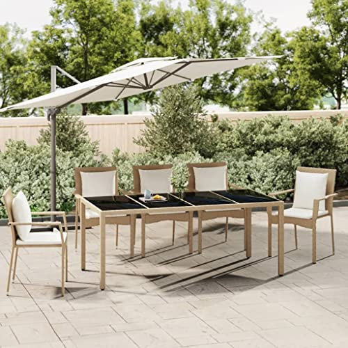 FIRBNUS Table à manger beige 190 x 90 x 75 cm avec plateau en verre - Table de balcon - Table de jardin en bois - Table à manger - Table basse - En polyrotin et verre trempé