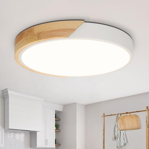 Kimjo LED Deckenleuchte Holz Rund - Deckenlampe Holz Weiss 24W Neutralweiß 4500K - Deckenlampe Wohnzimmer 30cm für Schlafzimmer Küche Korridor Verandas