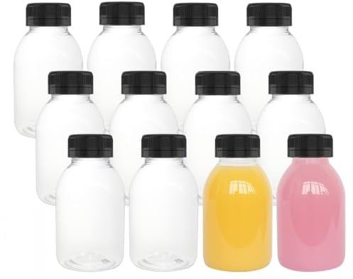 12 Pack 8 OZ (250 ML) Clear Plastic Juice Bottles with Lids Bulk Beverage Containers with Black Tamper Evident Lids for Fruit Vegetable Juicing Smoothie Cold Drinks and Homemade Beverages
