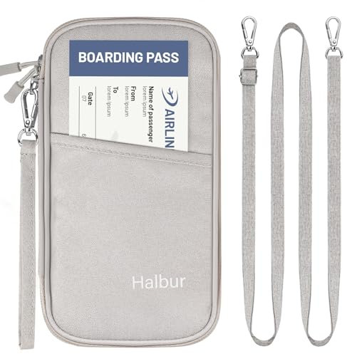 Halbur Reisepass Organizer, Reisepass Tasche RFID Cross-Body wasserdichte Geldbörse mit 3 Schichten für Reisen, zum Mitnehmen von Personalausweisen, Bordkarte, Handy, Powerbanks und Karten, Grau