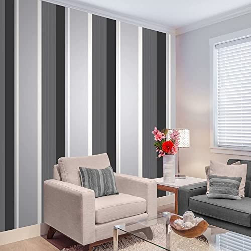 KYHATS Streifen-Tapete, Anthrazit, Grau, Schwarz, Weiß, Silber, luxuriös, modern