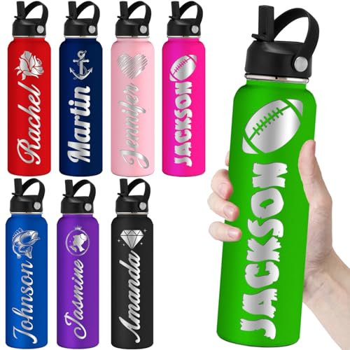 Personalized Water Bottles with Straw 24oz Custom Engraved Water Bottle for School Customized Name Double Wall Insulated-Green