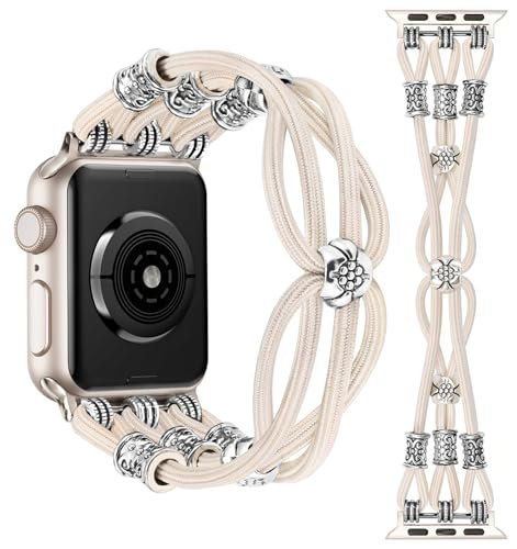 TOYOUTHS Boho Perlen Armband kompatibel mit Apple Watch 41mm 40mm 38mm 42mm Damen, Premium Geflochten Nylon Elastisch Dehnbar Solo Loop Ersatzarmband für iWatch 10/9/8/7/SE/6/5/4/3, Polarstern, S