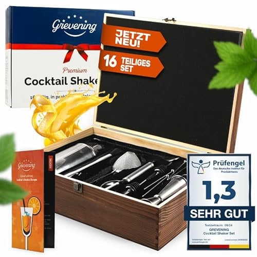 GREVENING Cocktail Set Cocktail Shaker aus Edelstahl Shaker 16-teiliges Cocktail Zubehör in praktischer edler Holzkiste Cocktail Shaker Set Barkeeper Set für Anfänger und Profis Cocktail Mix Set