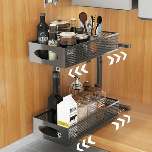 UMDONX Under Sink Organiser,Pull Out Organisers for Under Sink,Height Adjustable Pull Out Cabinet Organizer Drawers,Under Sink Pull Out Storage,Black