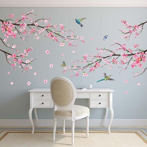 Amimagen Wandtattoos Rosa Aquarell Kirschblüte Wandaufkleber - Baum Zweig Blume Vögel Wandsticker - Schlafzimmer Wohnzimmer Sofa TV Hintergrund Wanddeko