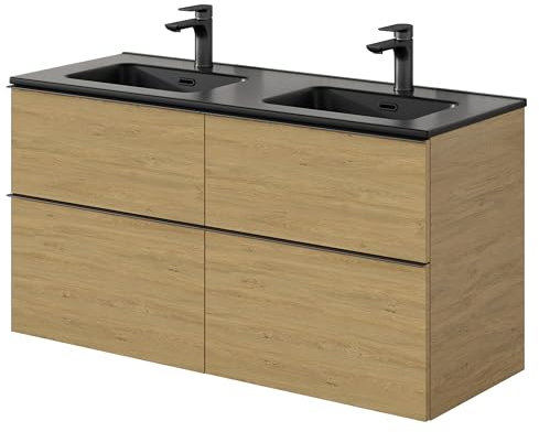 BERNSTEIN Badmöbel-Set Lavoa 120cm bestehend aus Doppel-Waschbecken und Unterschrank mit 4 Schubladen, Waschbeckenunterschrank in Eiche, Griff Anthrazit - 5 Jahre Garantie - Waschtisch in Schwarz