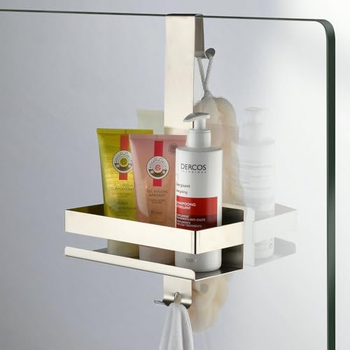 SHUNLI Shower Caddy Hanging Over Door - No Drilling Shower Organiser Stainless Steel Shower Shelves with Hooks - Brushed Nickel Bathroom Shower Rack Basket Tidy Storage