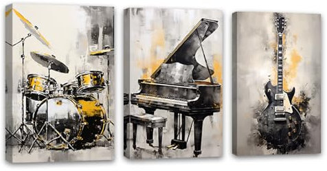 ZQQART Musik Leinwand Wandbild 3 Teilig Klavier Gitarre Trommel Bild Drucke Abstrakt Musikinstrumente Gemälde Kunstwerk Musikzimmer Rahmen(Musik -3,40x60cmx3 Pieces)
