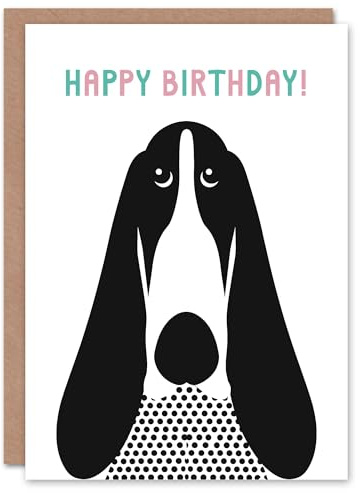 Artery8 Birthday Card Basset Hound Dog Lover Black White Polka Dot Pet Blank Arty Art All Occasion Greeting Card