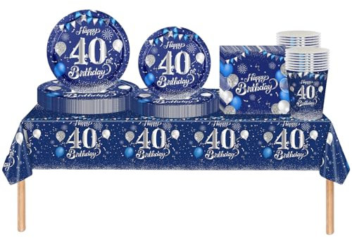 69pcs Navy Silver 40th Birthday Decorations for Men Women - Tableware Set with Tablecloth, Plates, Napkins, Cups for Him/Her