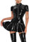 FEOYA Womens Faux Leather Zipper Front Pleated Dress Short Sleeve PU Leather Mini Dress Wet Look Bodycon Dresses Night Club Clubwear L C-Black