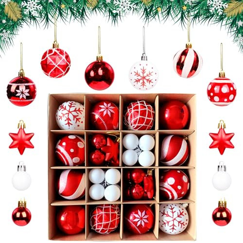KEYIDO Christmas Tree Baubles - 42 Pack Red and White Shatterproof Plastic Christmas Balls for Trees, Wreaths, Parties