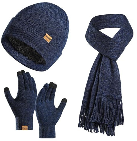 Enwokran Wintermütze Touchscreen Handschuhe Lang Schal Set Unisex Beanie Mütze Fleece Warme Haube Winterschal Kaschmir Strickmütze Strickschal mit Fleece Gefütterte Thermo Handschuhe (Marine)