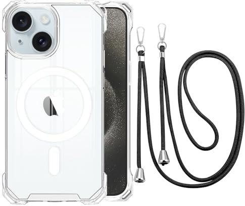 CAROKI Crossbody Lanyard Case for iPhone 15, Ultra Clear Hard Back Magnetic Case Compatible with MagSafe 4 Corners Bumper with Strap Adjustable Neck Cord Necklace Cover for iPhone 15-Clear