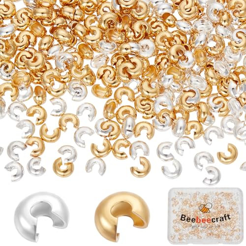 Beebeecraft 1 boîte de 300 cache Perles à Sertir Plaqués Or 24 carats et 925 cache Perles en Argent Sterling de 4x3mm Petits Cache Nœuds à Sertir Demi Ronds Ouverts Embouts de Perles D'Espacement