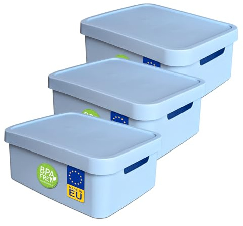 plasteo 3er-Set Dekobox mit Deckel 19 Liter Hellblau (PP) - Aufbewahrungsboxen Organizer Ordnungsboxen, Stapelbar, Griffmulden - Ideal für Büro, Wohnzimmer, Regale, Kleiderschrank, Küche & Haushalt