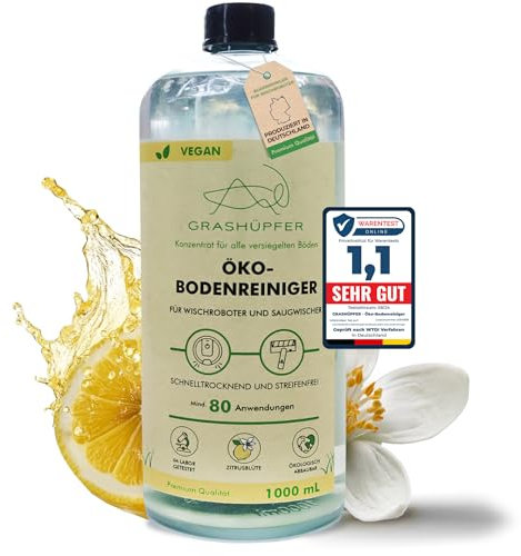 GRASHÜPFER® Öko Bodenreiniger für Wischroboter [ZITRUSBLÜTE] - Wischroboter Reinigungsmittel kompatibel mit Roborock, Dreame, Ecovacs & Co. geeignet für Laminat, Parkett, Vinyl & Fliesen - 1000ml
