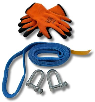 Damar Webbing Solutions Ltd Tow Strap 5ton Heavy Duty 4mtr with 2 shackles FREE THERMAL GLOVES! (Blue)