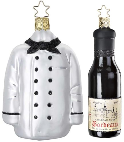 Christbaumschmuck Weihnachtskugeln Set | Geschenkset Christbaumfigur | Made in Germany | Handbemalt und mundgeblasen (Kochjacke und Rotwein)