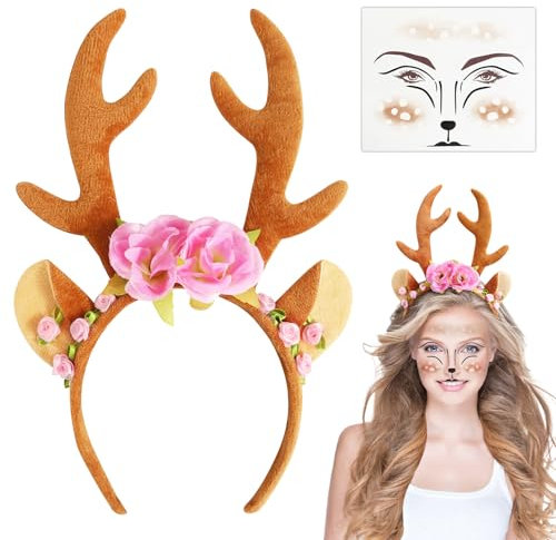 BOFUNX Rentier Haarreif Sikahirsch Haarband Geweih Haarschmuck + Rentier Gesicht Tattoos Reh Kostüm Accessoires für Fasching Karneval Mottoparty Halloween Cosplay