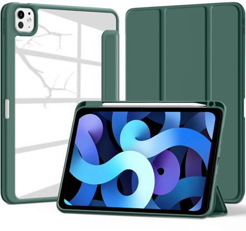 VAGHVEO Custodia per iPad Pro 11 Pollici 2024 (M4) con Portapenna, Cover per iPad Pro 11 5ª Generazione con Antiurto Scocca Rigida Trasparente in PC + Bordo Morbido, Auto Svegliati/Sonno, Verde Scuro