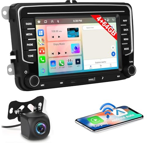 8 Core 4+64GB Android Autoradio per VW Golf 5 Golf 6 Skoda Polo Passat Tiguan Touran Schermo Tattile 7 Pollici Carplay Android Auto Senza Fili Bluetooth Stereo Auto,GPS WiFi EQ FM RDS Radio