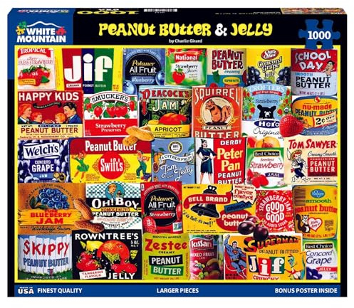 White Mountain 1000 Piece Jigsaw Puzzle Vintage Food Labels Puzzles with Large Pieces Gift for Adults and Family 24x30 - Peanut Bitter & Jelly