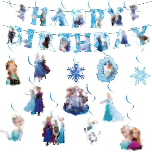 Banner1 Geburtstagsdeko Mädchen Kinder, Blau Girlande Geburtstag Banner Bunting Girlande und Hängende Dekoration Happy Birthday Banner Dekorationen, Schneeflocken Thema für Kindergeburtstag Party
